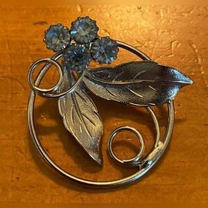 Silver Tone Circle Leaf Brooch Pin Blue Rhinestone Glass Floral Nature 2"